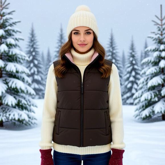 Merona Jackets & Blazers - Merona Women XXL Reversible Puffer Vest Brown Pink Pockets FullZip Lightweight